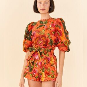 FARM Rio Women's Blouse in Orange Blooming Garden Size: XS